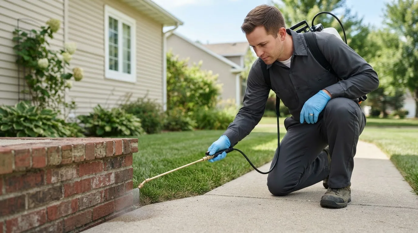 Pest control technician treating a home near Hubbard, TX